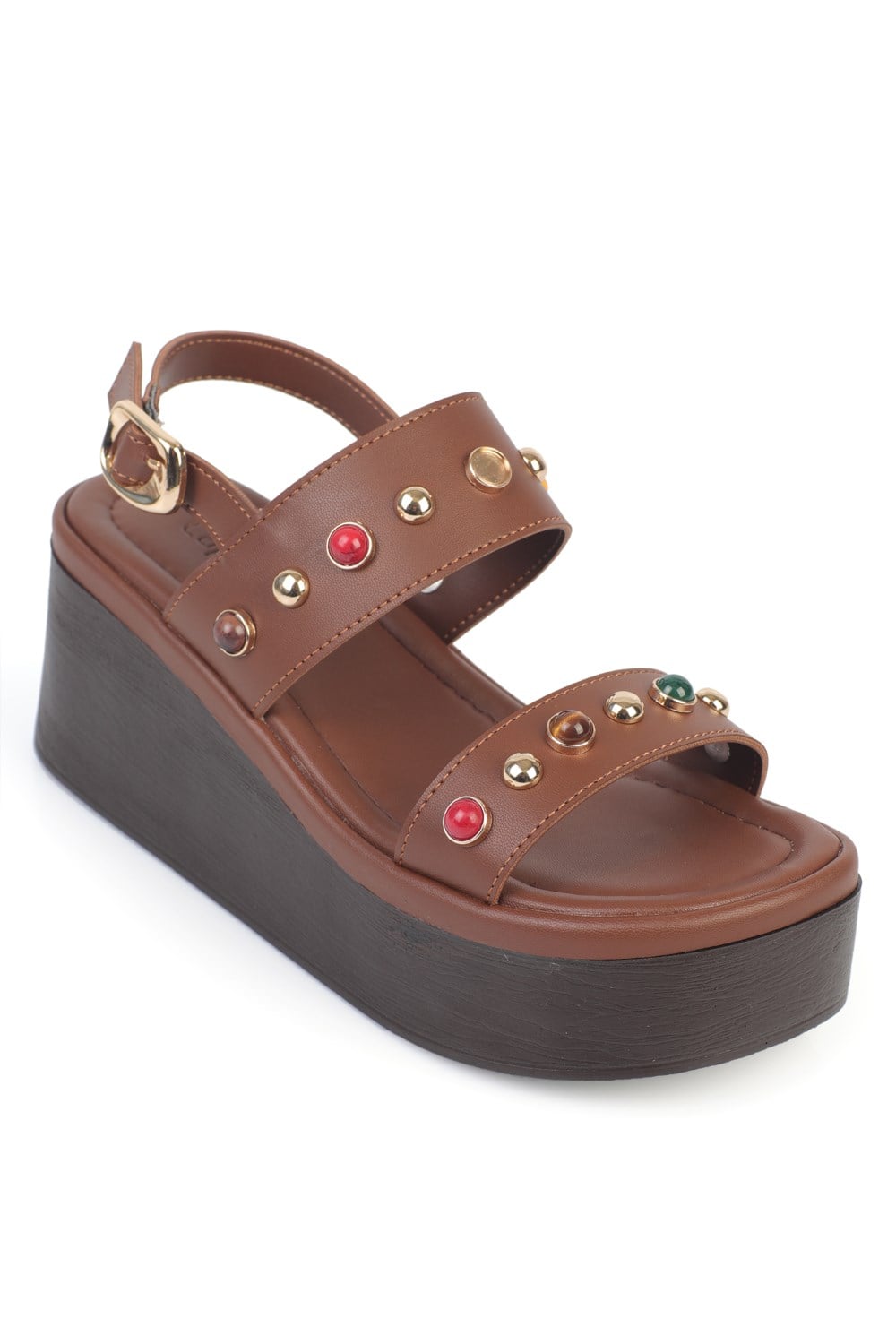 Capone Jennie Wedge Heel Colorful Crystal Embellished Double Band Women Brown Sandal