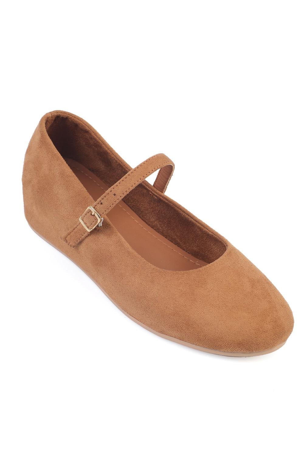 Capone Joell  Suede Look Hidden Wedge Metal Buckle Women Sued Tan Ballet Flat