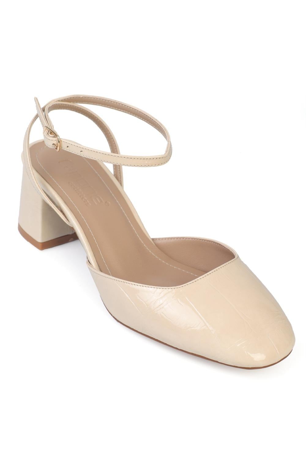 Capone Karmen Round Toe Ankle Strap Mid Heel Croc Effect Women Beige Shoe