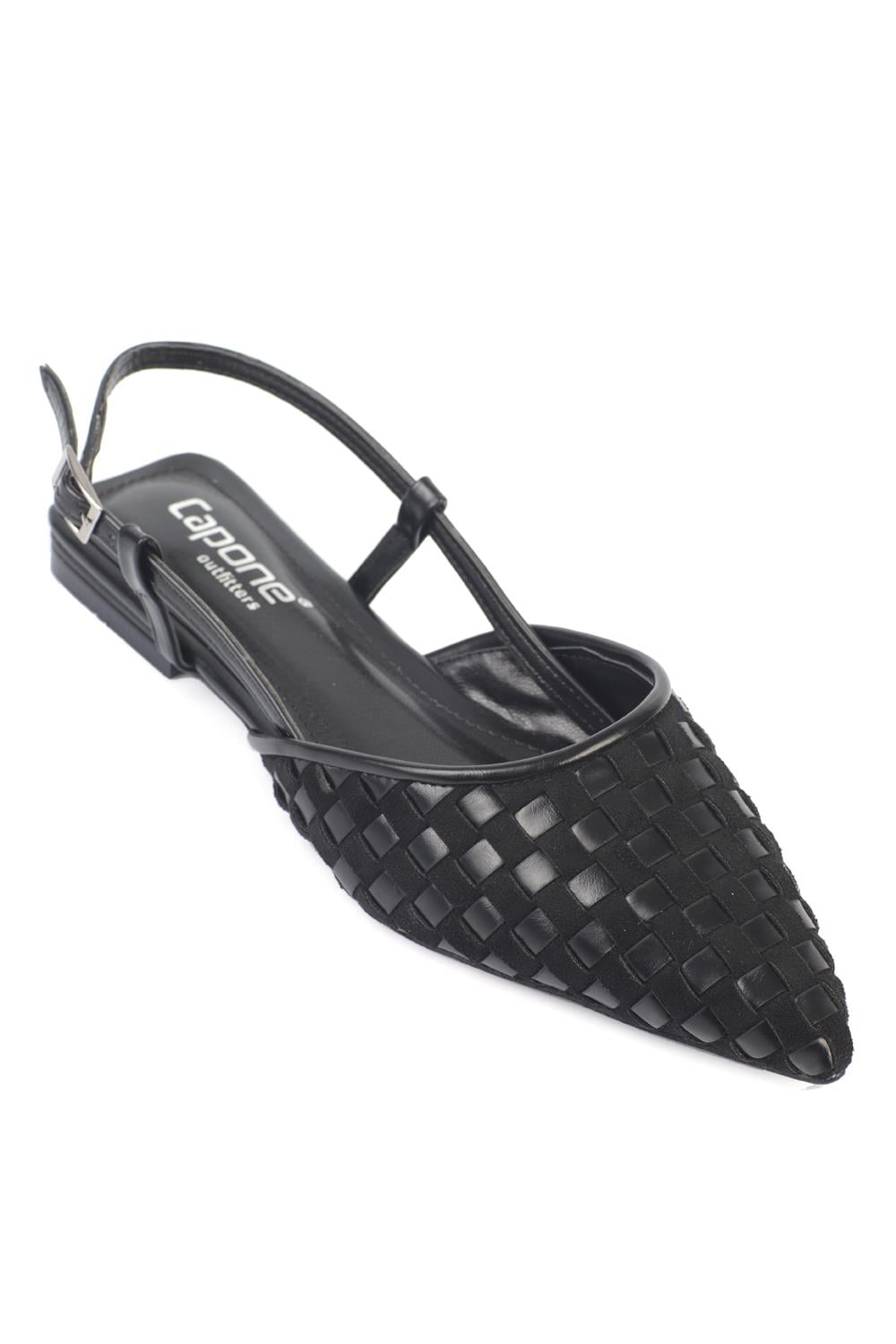 Capone Kay Pointed Toe Suede Look Woven Slingback Women Sued Black Ballet Flat