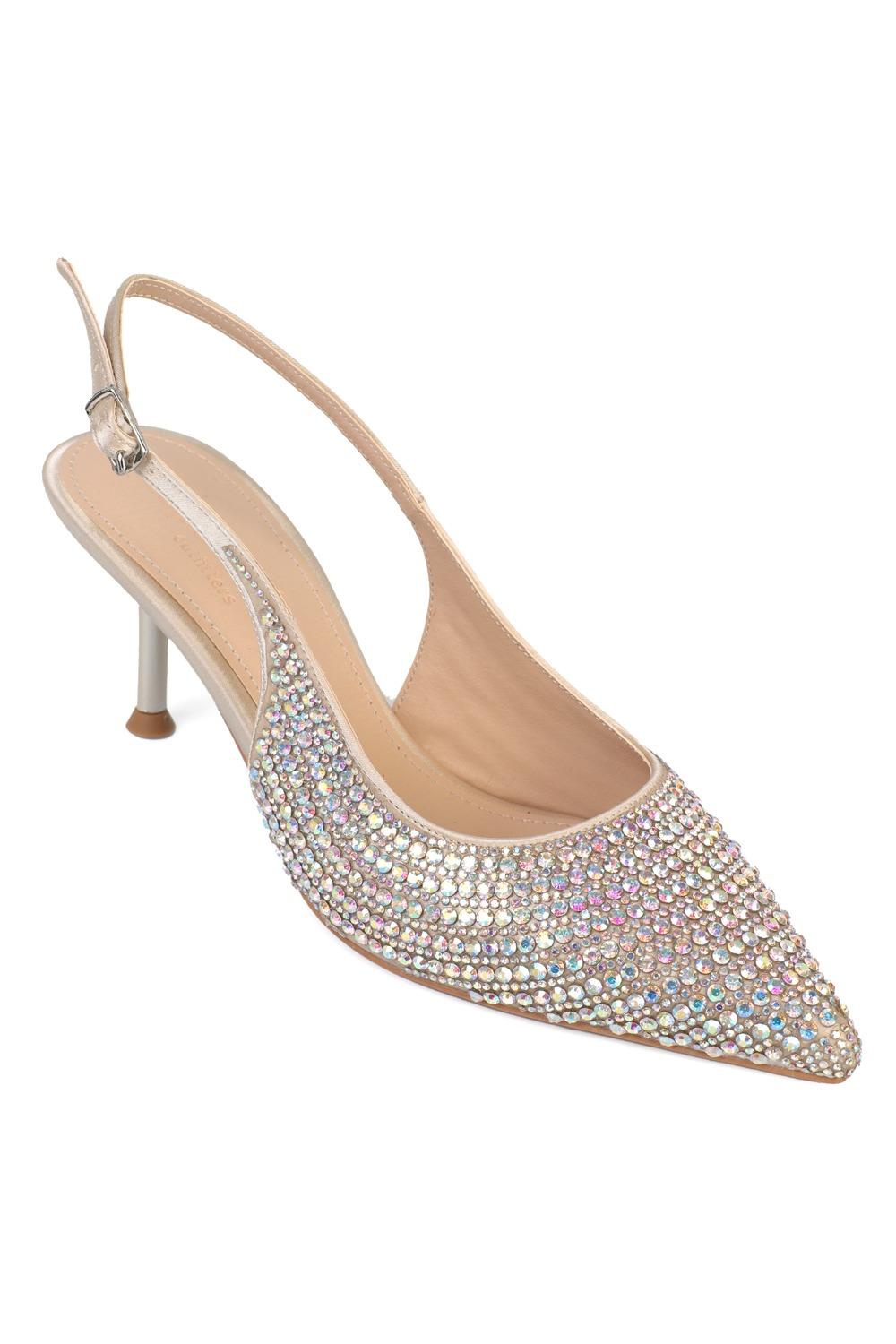Capone Laryssa Fully Crystal Embellished Pointed Toe Satin Open Back Women Nude Wedding Heel Shoe