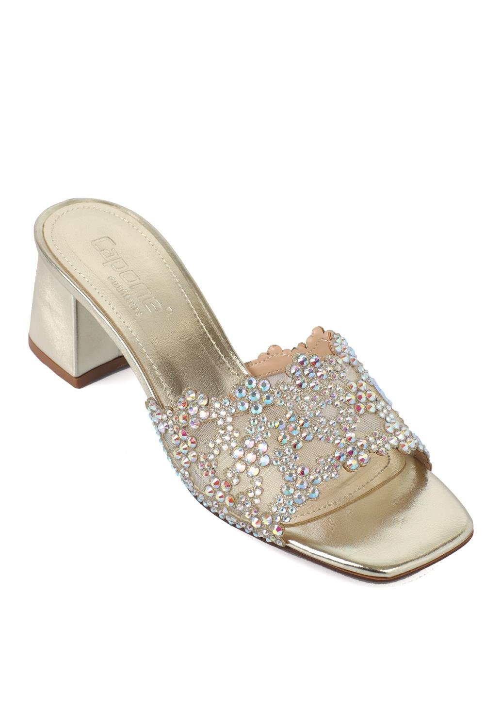 Capone Lois Square Toe Crystal Embellished Mid Heel Elegant Women Metallic Gold Wedding Sandal