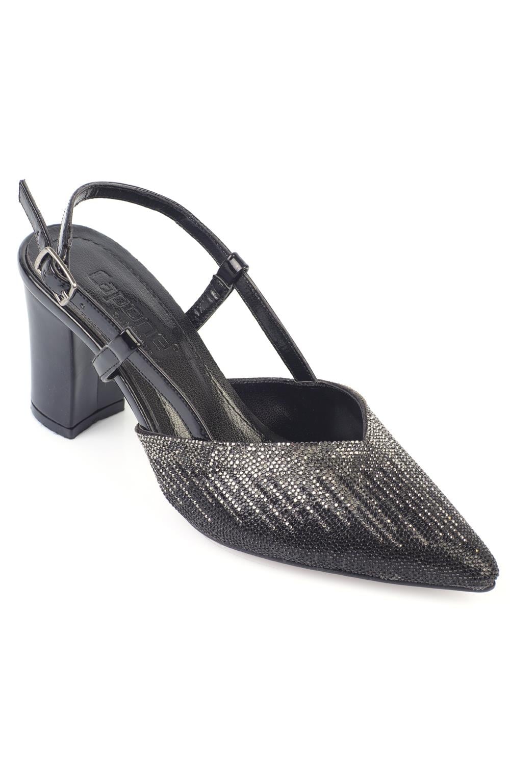 Capone Medium Heel Pointed Toe Crystal Embellished Women Patent Black Stylish Shoes