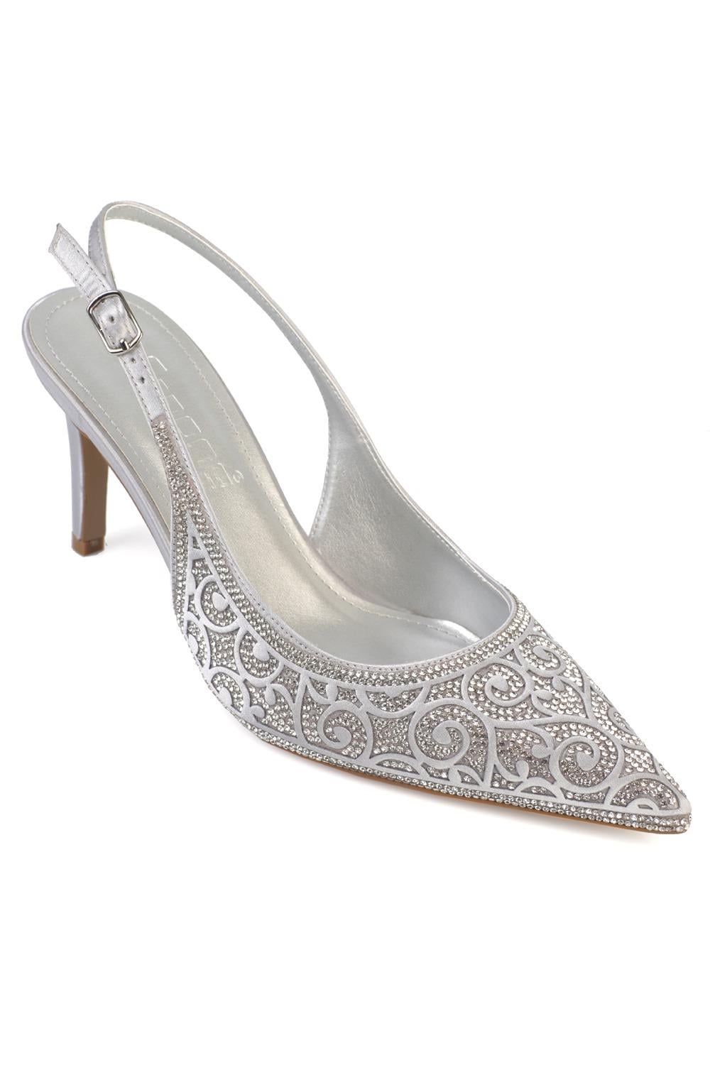Capone Melony Mid Heel Crystal Embellished Open Back Satin Women Silver Wedding Shoe