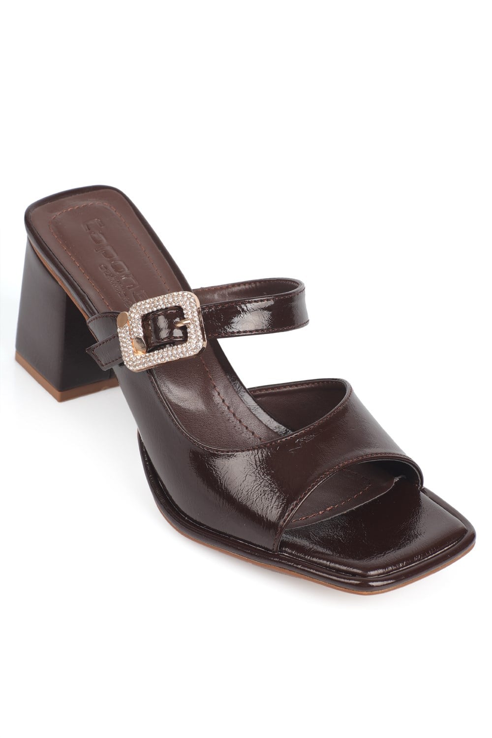 Capone Monika Blunt Toe Medium Heel Crystal Embellished Buckled Women Brown Sandals