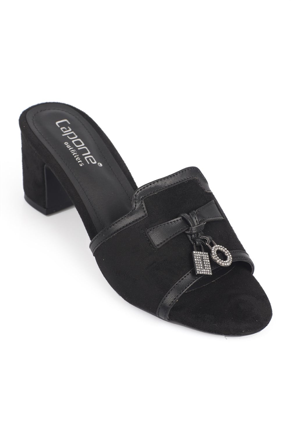 Capone Nady Mid Heel Crystal Embellished Accessory Single Band Women Sued Black Sandal