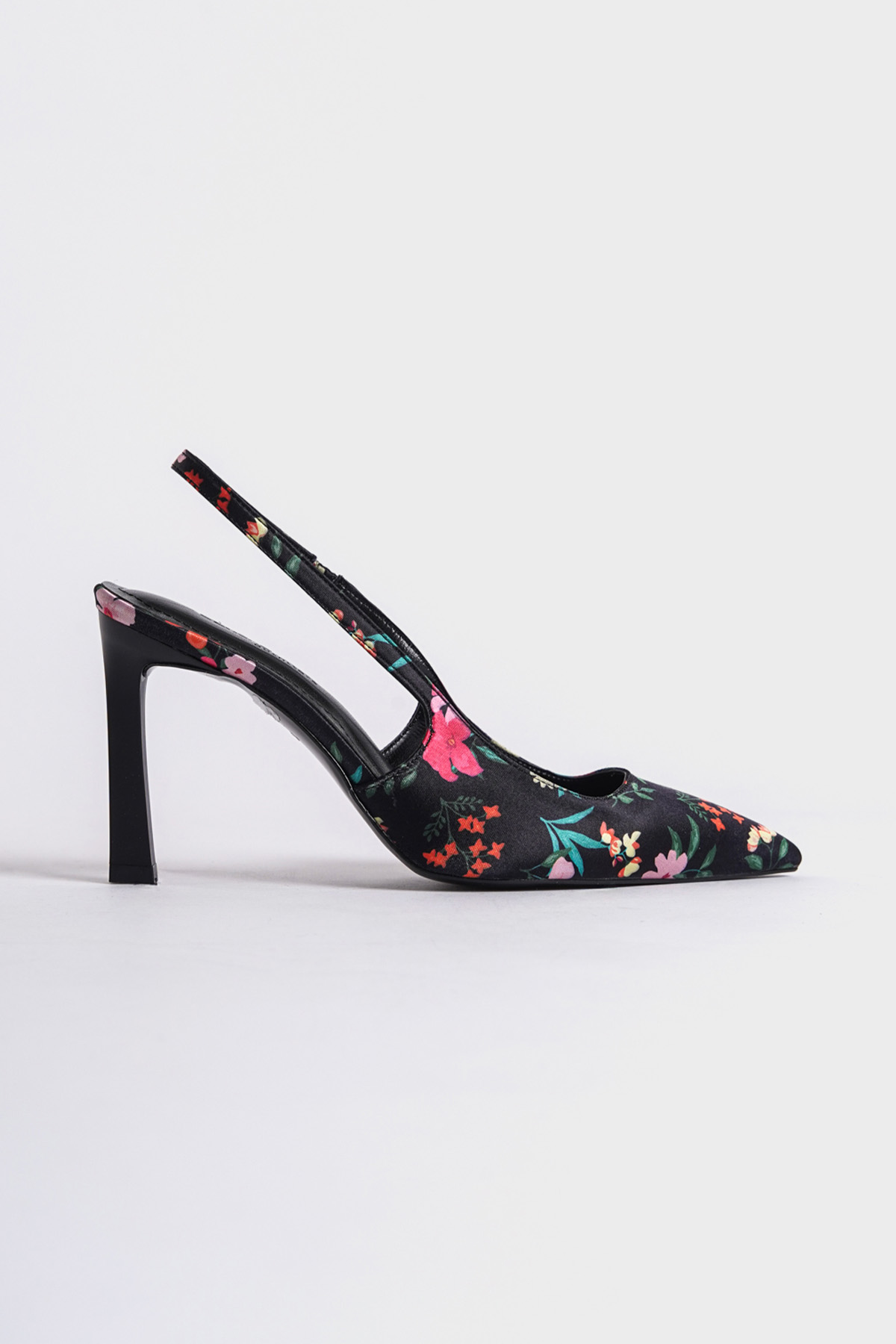 Capone Open Back Pointed Toe High Heeled Flower Patterned Women Black Shoes