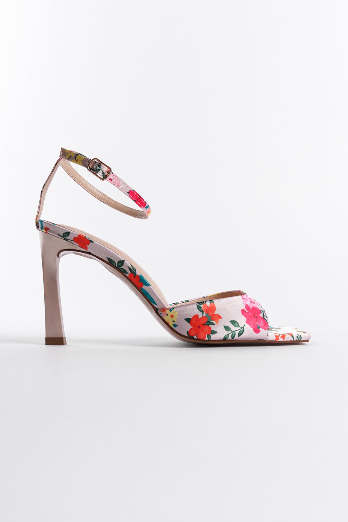 Capone Open Back Pointed Toe High Heeled Flower Patterned Women Beige Shoes