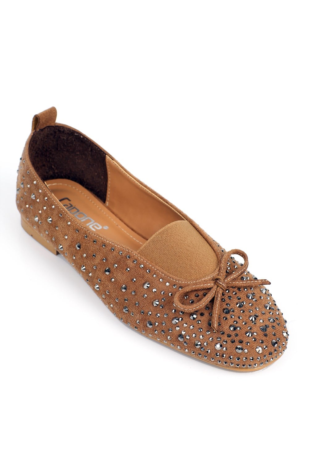 Capone Peggie Suede Look Round Toe Crystal Embellished Women Sued Mink Ballet Flat