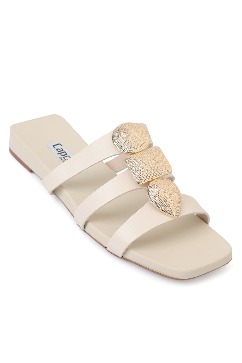 Capone Rebekah Blunt Toe Metal Accessory Short Heeled Comfort Women Beige Sandals