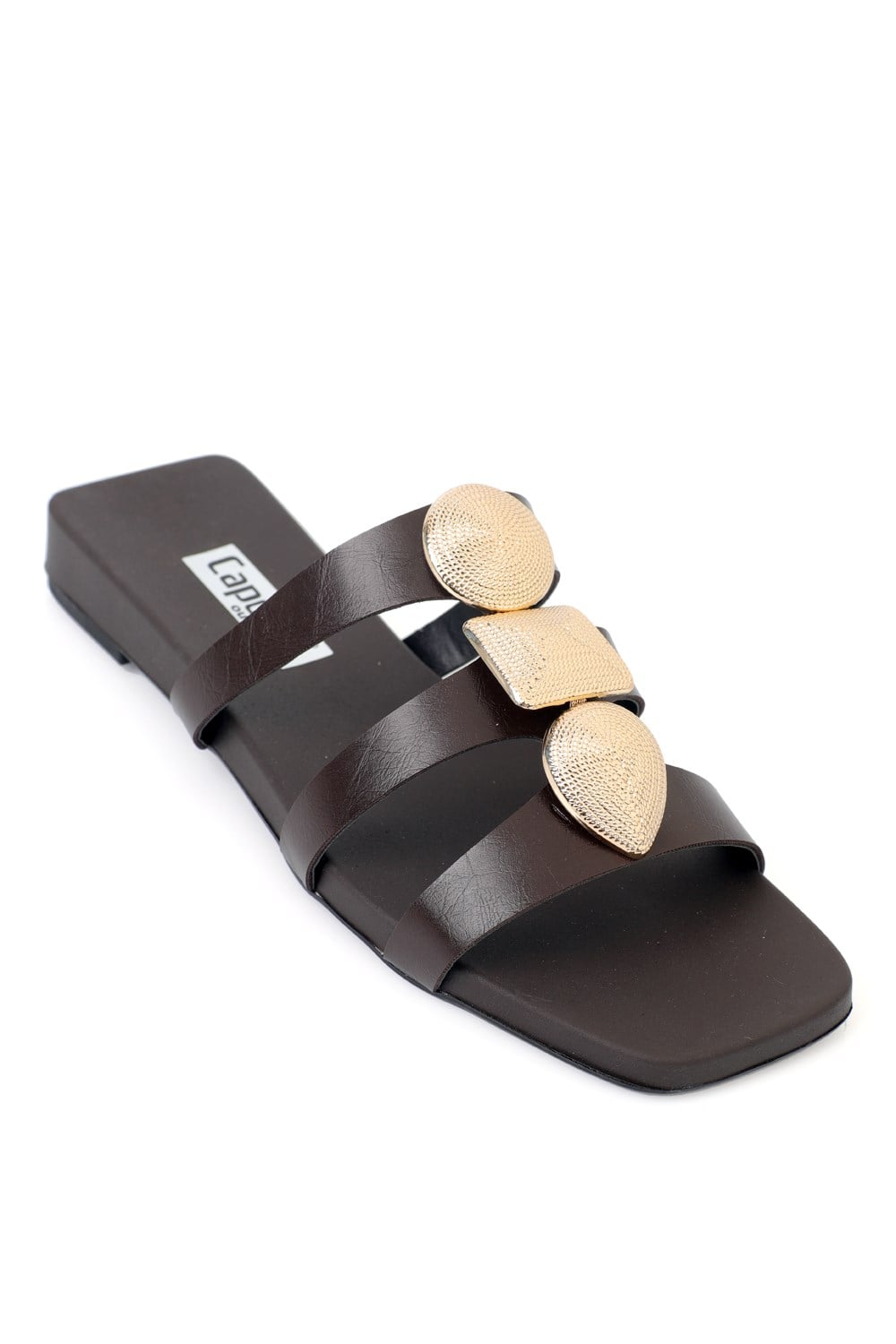 Capone Rebekah Blunt Toe Metal Accessory Short Heeled Comfort Women Brown Sandals