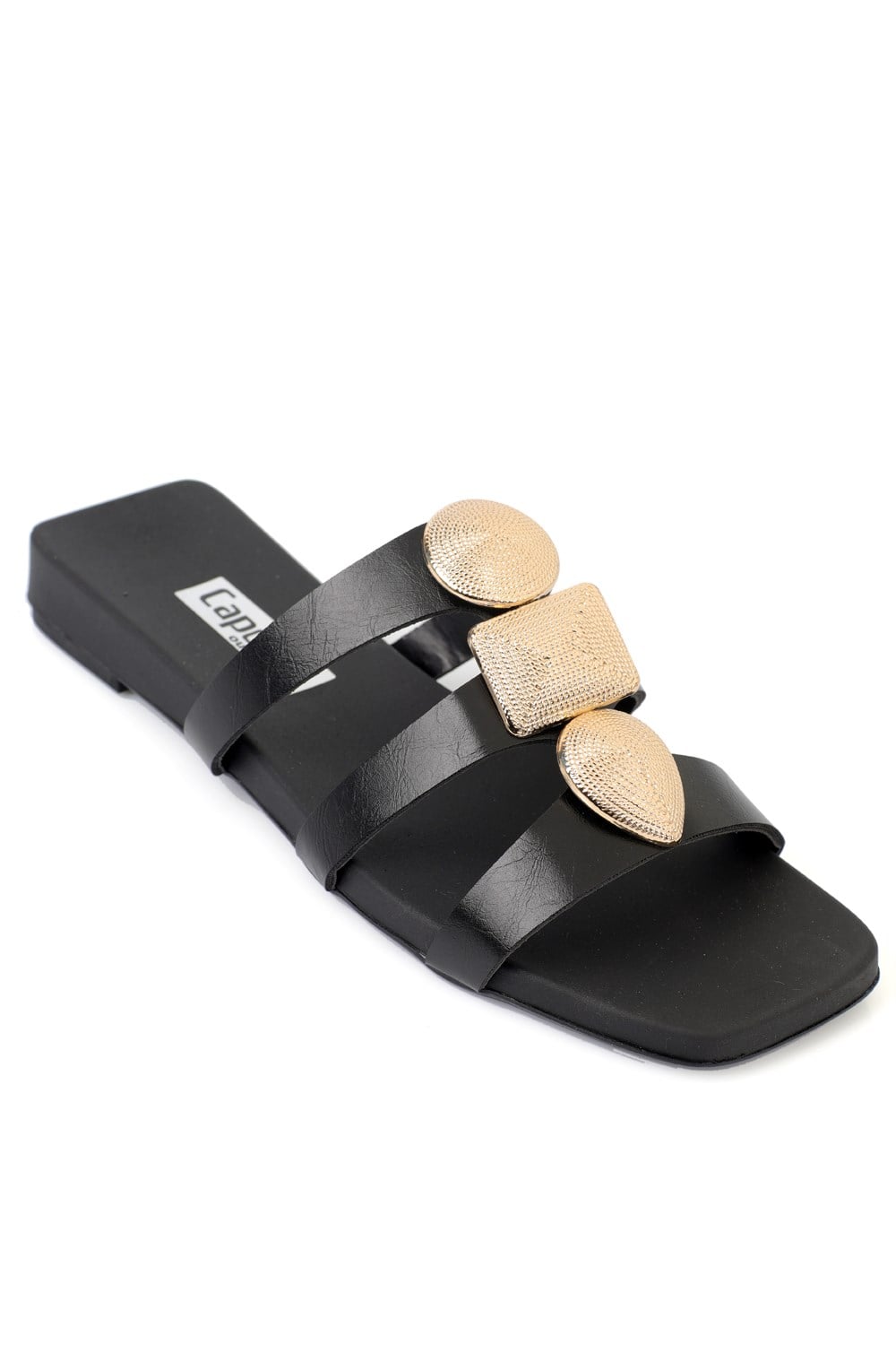 Capone Rebekah Blunt Toe Metal Accessory Short Heeled Comfort Women Black Sandals