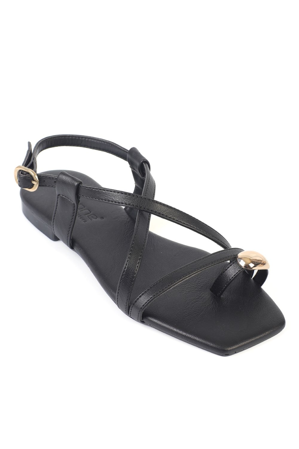 Capone RoxySquare Toe Metal Thong Band Flat Heel Women Black Sandal