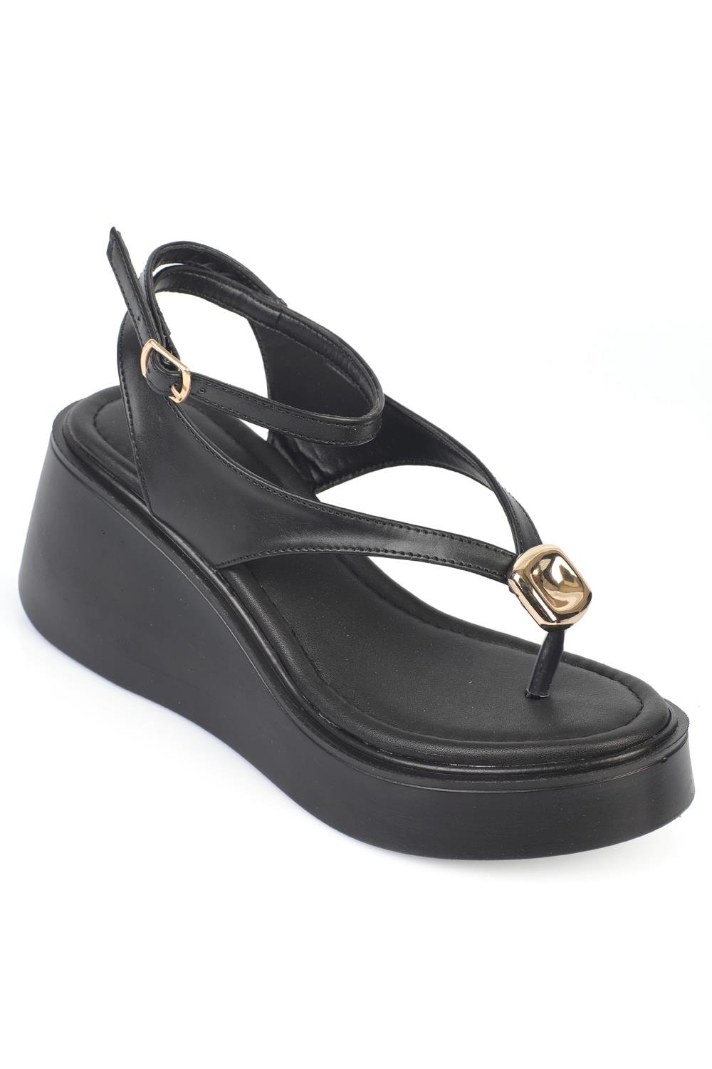 Capone Sandy Wedge Heel Thong Ankle Strap Women Black Sandal