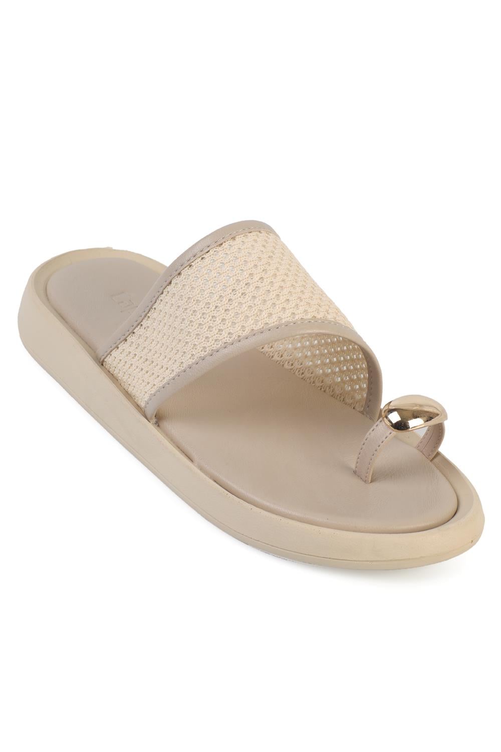 Capone Selie Round Toe Thong Metal Accessory Women Beige Sandal