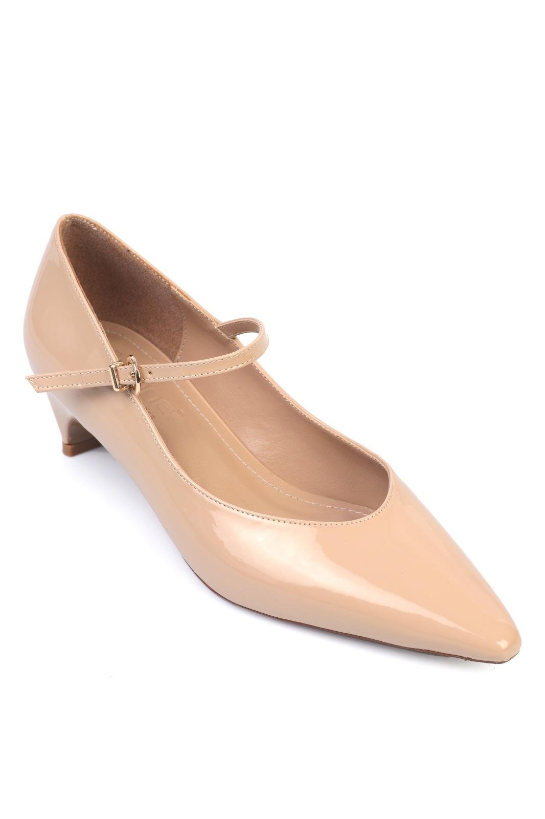Capone Short Heeled Strapped Pointed Toe Faux Patent Women Nude Shoes