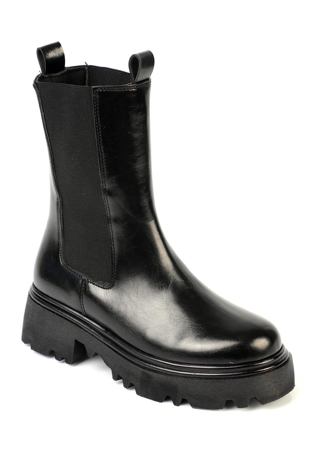Capone Track Sole Side Elastic Women Black Long Boots