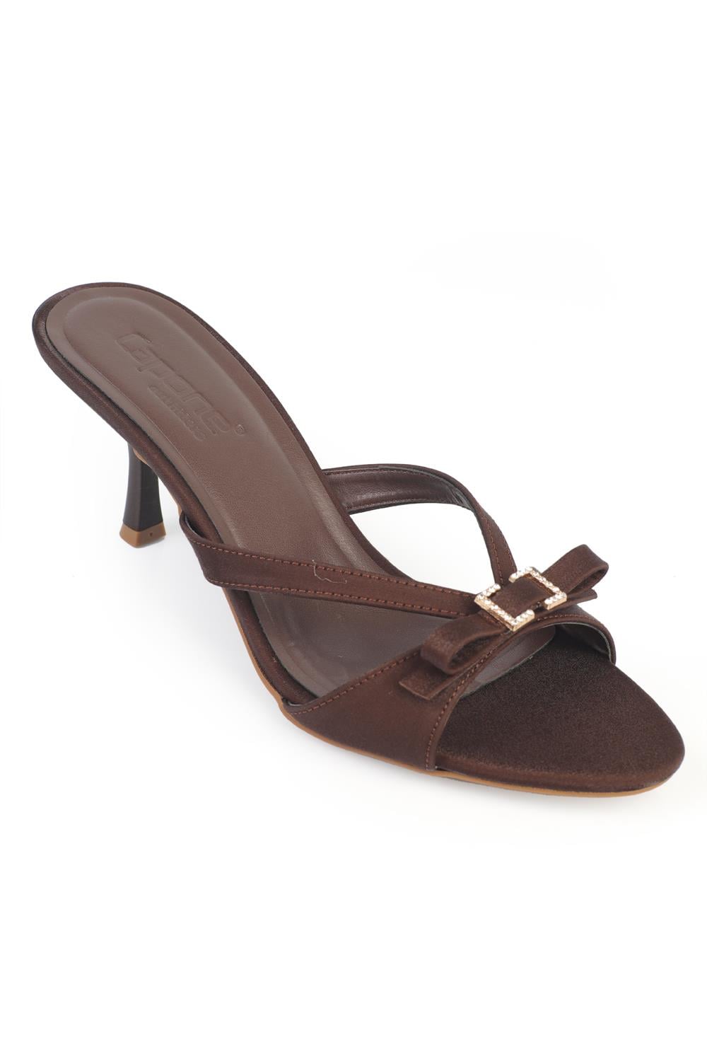 Capone Vivia Pointed Toe Crystal Embellished Buckle Satin Mid Heel Elegant Women Satin Brown Sandal
