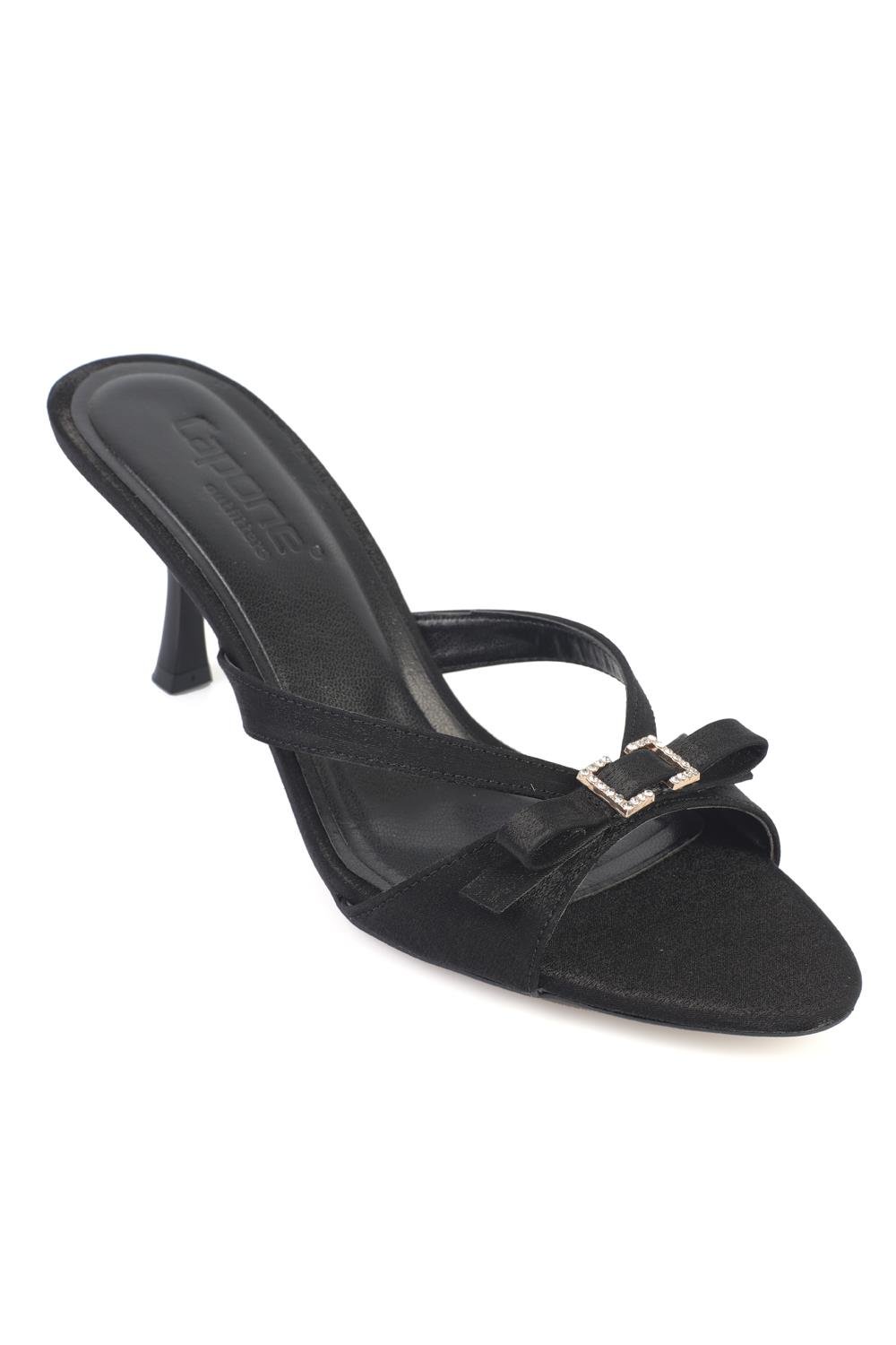 Capone Vivia Pointed Toe Crystal Embellished Buckle Satin Mid Heel Elegant Women Satin Black Sandal