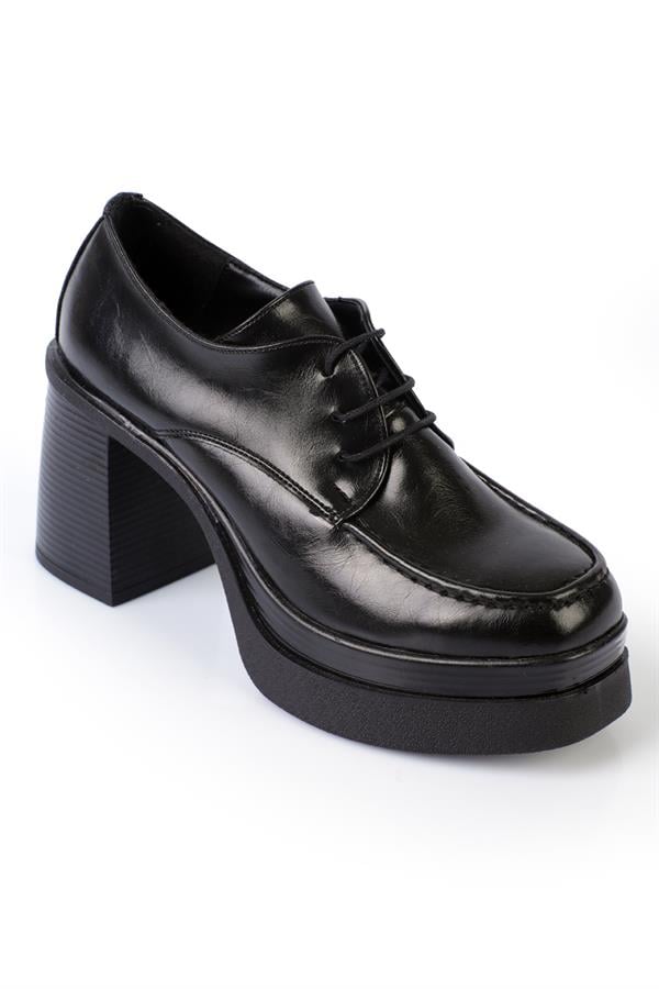 Capone 1007 Round-Toe Laced Mid-Heeled Women Black Loafers