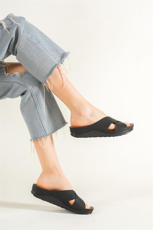 Capone Ivory 107001 Women Black Cross Band Slide Comfort Anatomical Sandals image 2