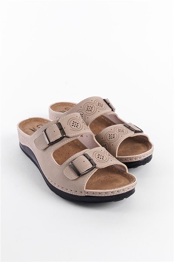 Capone 107009 Women Beige Double Starps Slide Comfort Anatomical Sandals
