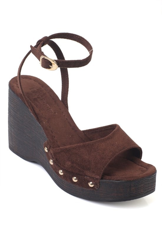 Capone Aline Wedge Heel Ankle Strap Suede Look Women Sued Brown Sandal