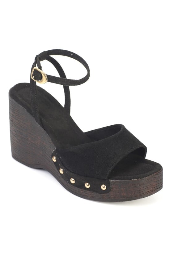 Capone Aline Wedge Heel Ankle Strap Suede Look Women Sued Black Sandal