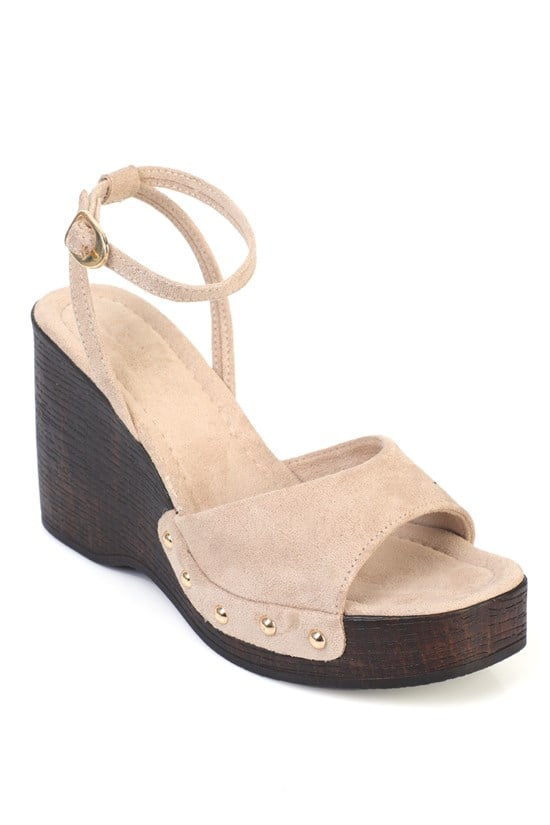 Capone Aline Wedge Heel Ankle Strap Suede Look Women Sued Beige Sandal