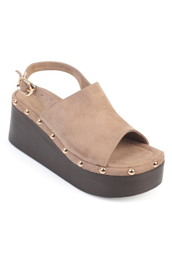 Capone Alyce Suede Croc Detail Wedge Heel Casual Women Sued Mink Sandal