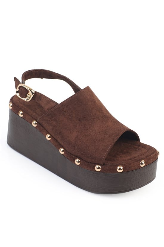 Capone Alyce Suede Croc Detail Wedge Heel Casual Women Sued Brown Sandal