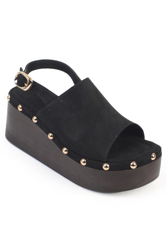 Capone Alyce Suede Croc Detail Wedge Heel Casual Women Sued Black Sandal