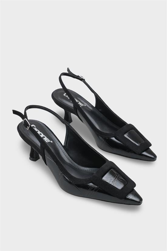 Capone Angelina Pointed Toe Croc Effect Open Back Mid Heel Women Black Shoe image 3