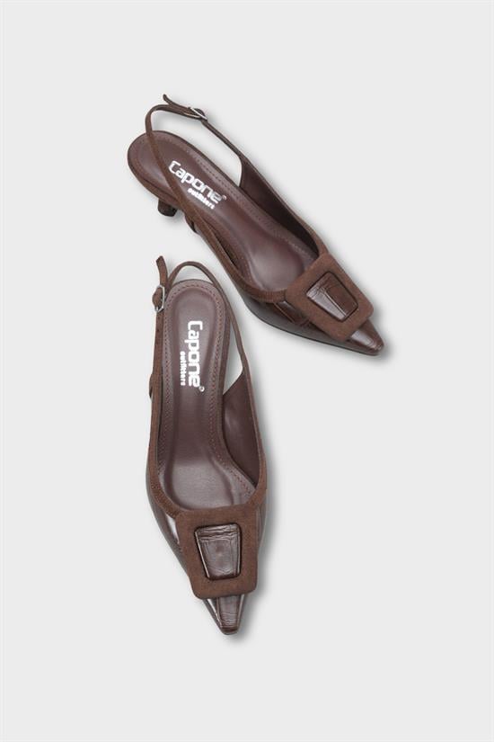 Capone Angelina Pointed Toe Croc Effect Open Back Mid Heel Women Brown Shoe image 5