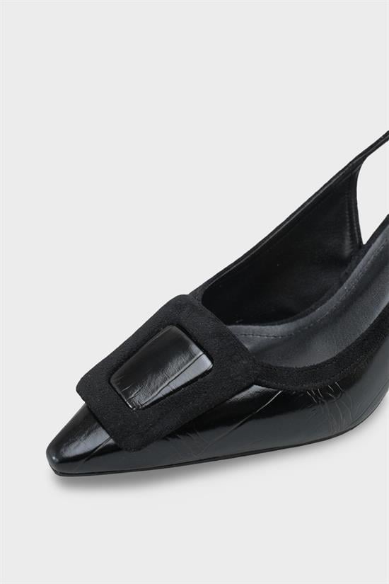 Capone Angelina Pointed Toe Croc Effect Open Back Mid Heel Women Black Shoe image 5