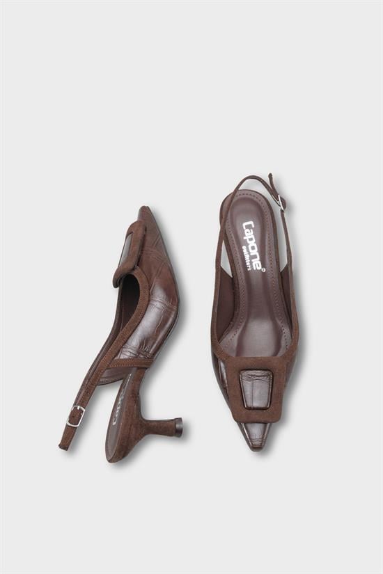 Capone Angelina Pointed Toe Croc Effect Open Back Mid Heel Women Brown Shoe image 6