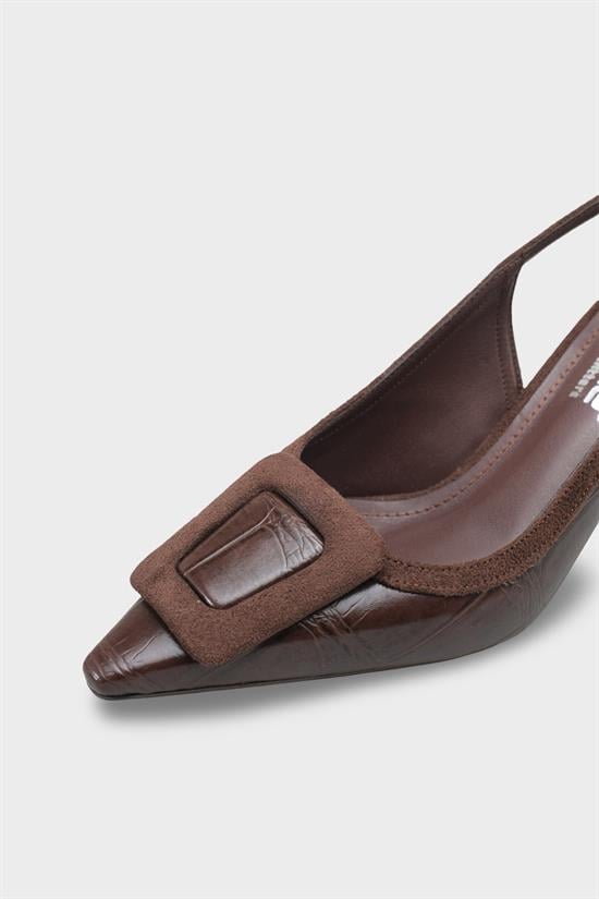 Capone Angelina Pointed Toe Croc Effect Open Back Mid Heel Women Brown Shoe image 4