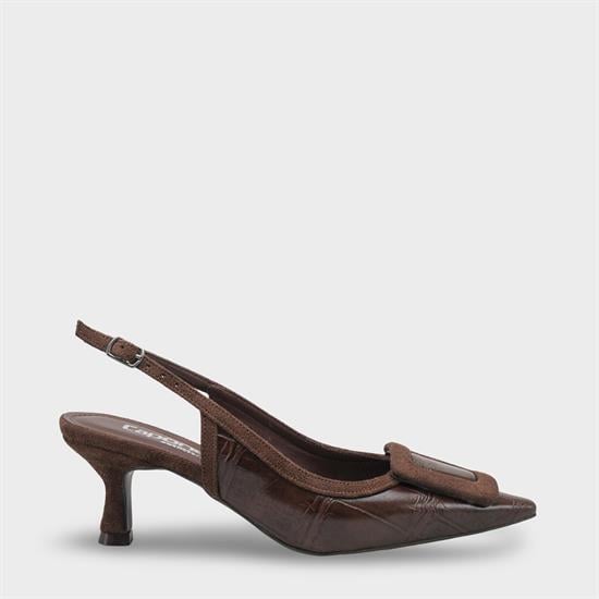 Capone Angelina Pointed Toe Croc Effect Open Back Mid Heel Women Brown Shoe image 2