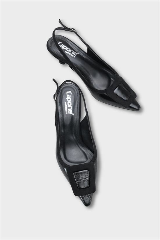 Capone Angelina Pointed Toe Croc Effect Open Back Mid Heel Women Black Shoe image 4