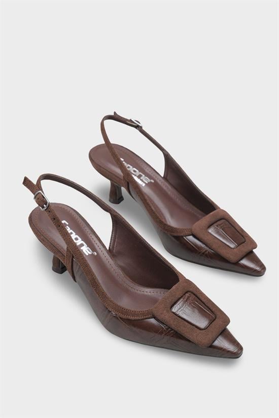 Capone Angelina Pointed Toe Croc Effect Open Back Mid Heel Women Brown Shoe image 3