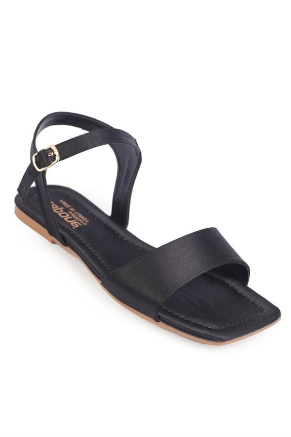 Capone Celinda Ankle Strap Blunt Toe Flat Heel Satin Women Satin Black Sandals image 1