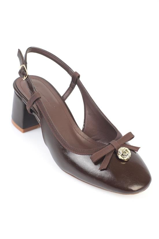 Capone Arielle Round Toe Ankle Strap Mid Heel Bow Detail Women Brown Shoe
