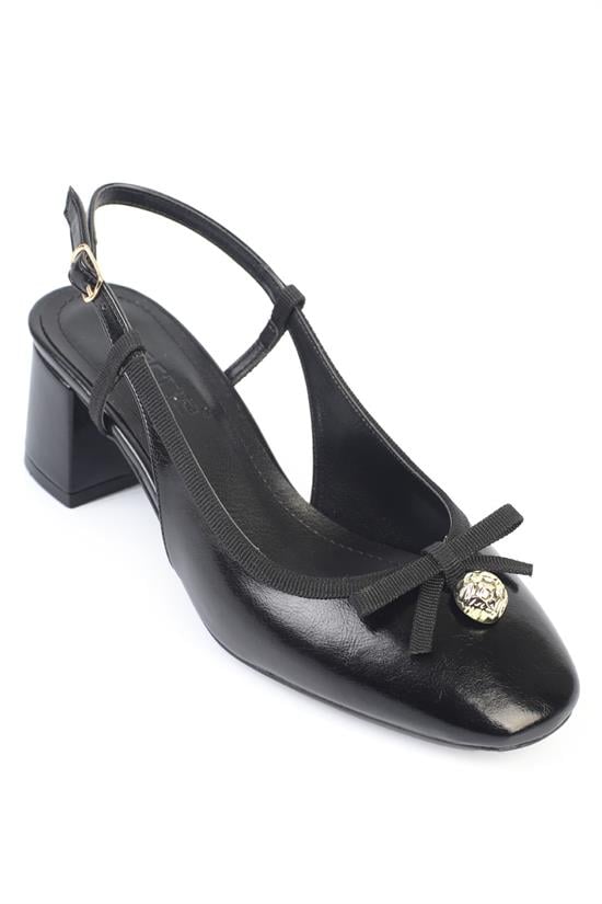 Capone Arielle Round Toe Ankle Strap Mid Heel Bow Detail Women Black Shoe