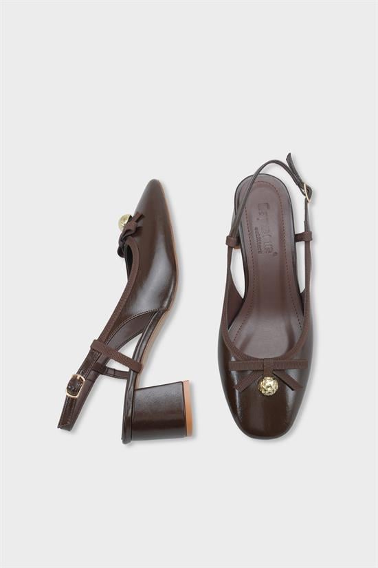 Capone Arielle Round Toe Ankle Strap Mid Heel Bow Detail Women Brown Shoe image 6