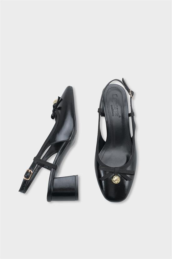 Capone Arielle Round Toe Ankle Strap Mid Heel Bow Detail Women Black Shoe image 6