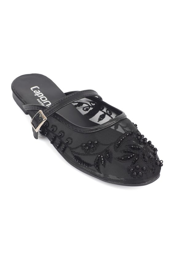 Capone Avie Lace Mesh Embroidered Women Black Mule
