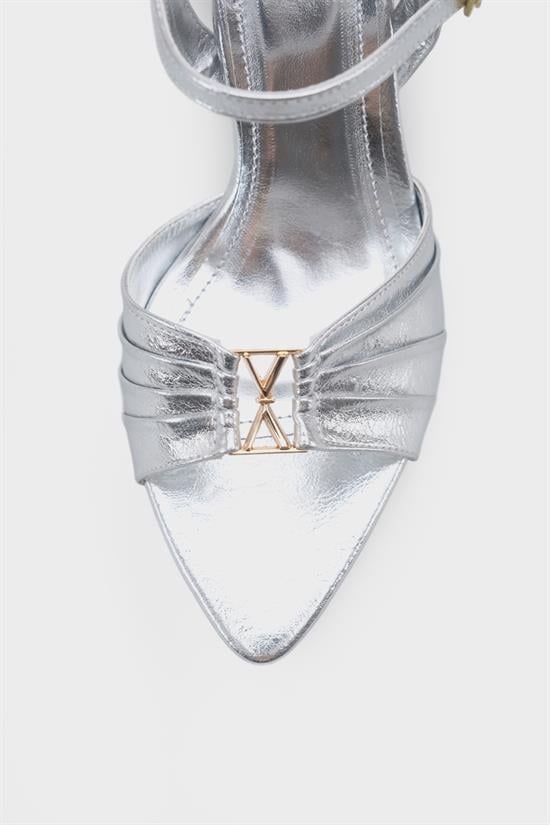 Capone  Belvia Pointed Toe Metallic Ankle Strap Mid Heel Women Silver Shoe image 4