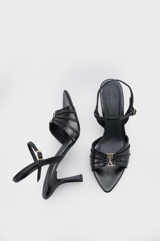 Capone  Belvia Pointed Toe Metallic Ankle Strap Mid Heel Women Black Shoe image 6
