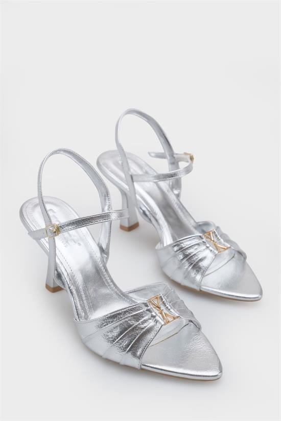 Capone  Belvia Pointed Toe Metallic Ankle Strap Mid Heel Women Silver Shoe image 3