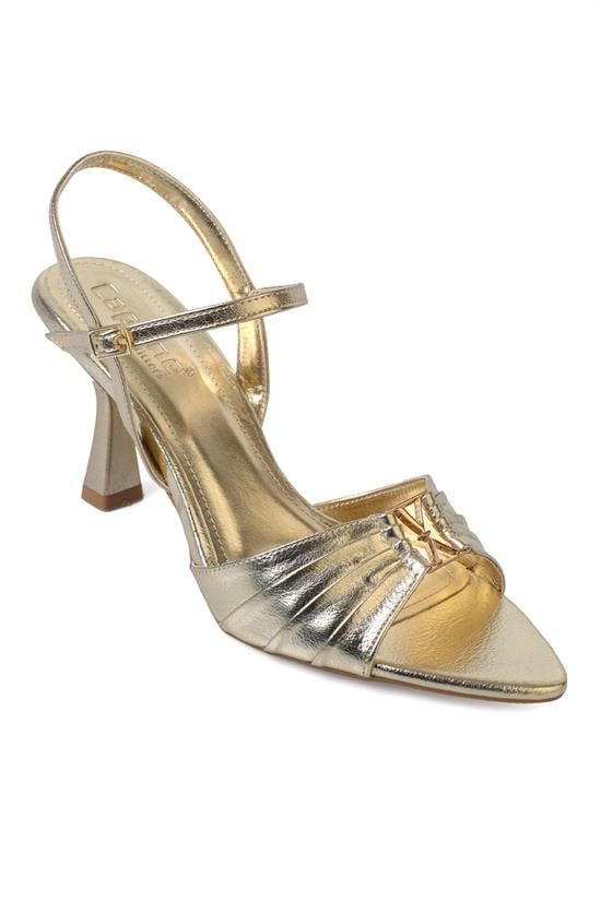 Capone  Belvia Pointed Toe Metallic Ankle Strap Mid Heel Women Gold Shoe